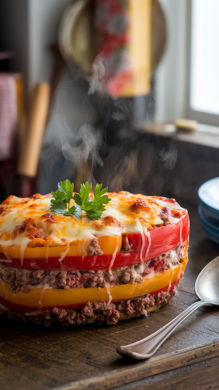 Stuffed pepper casserole with ground beef, bell peppers, and melted cheese, garnished with parsley, on a rustic wooden table.